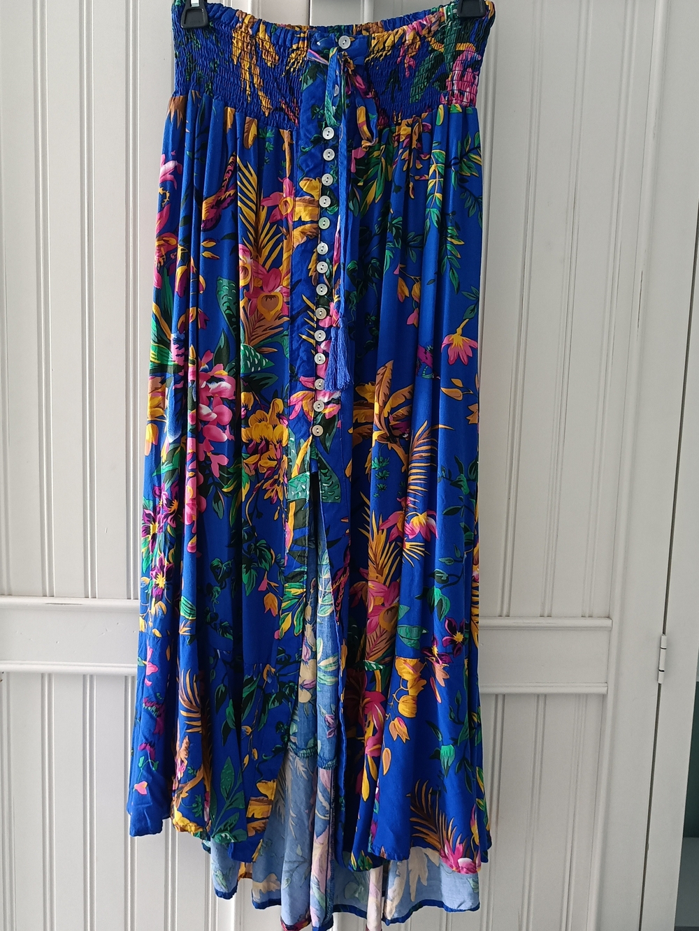 Blue Tropical Button-Front Resort Maxi Skirt Middle Slit Tassels Cynthia Rowley - Picture 2 of 6
